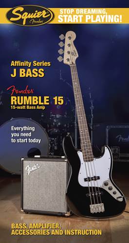 Squier Start Playing Jazz Bass Black Pack With Rumble 15 Amp