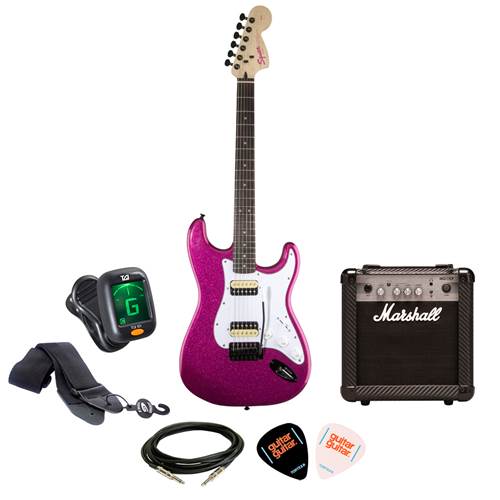 Squier Affinity Strat Candy Pink Sparkle with Marshall MG10CF Package