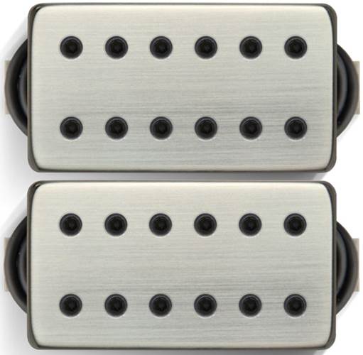 Bare Knuckle Juggernaut Humbucker Calibrated Covered Set - wide spacing - 4 conductor - brushed nickel - black bolts