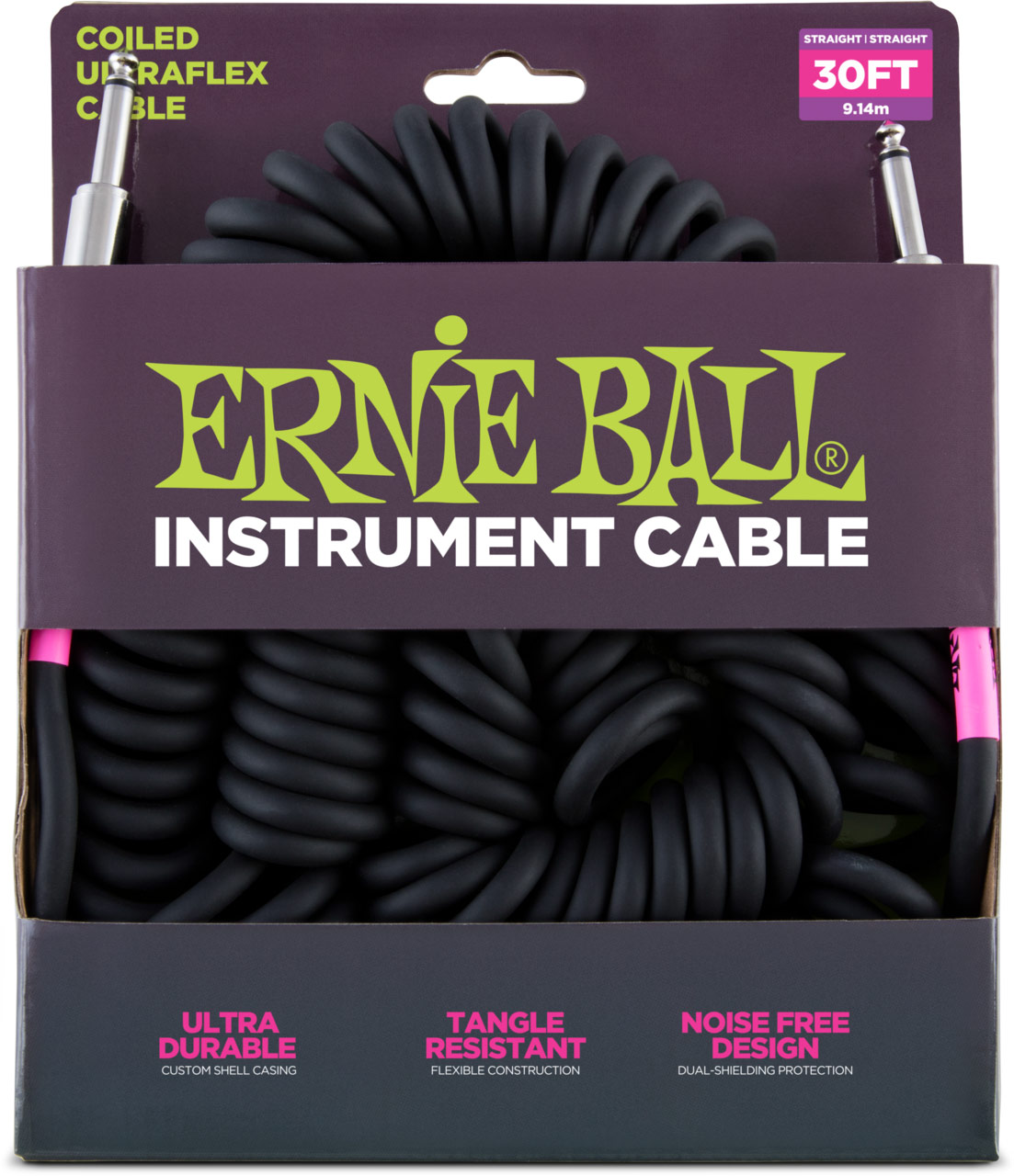 Ernie Ball 6044 Ultraflex 30ft Coiled Straight Black Instrument Cable