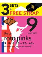 Rotosound 3 Pack R9 Pinks 9-42 with Free Strap