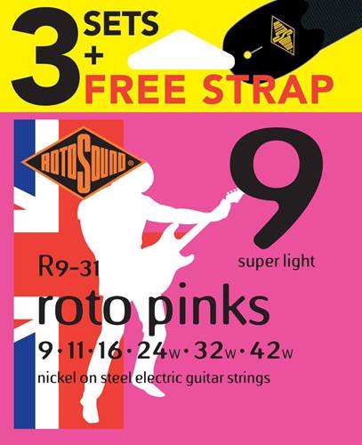 Rotosound 3 Pack R9 Pinks 9-42 with Free Strap