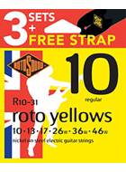 Rotosound 3 Pack R10 Yellows 10-46 with Free Strap