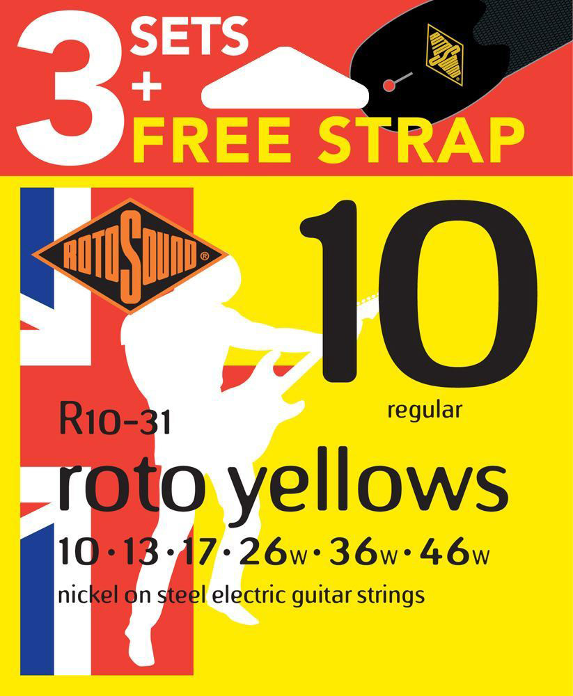 Rotosound 3 Pack R10 Yellows 10-46 with Free Strap
