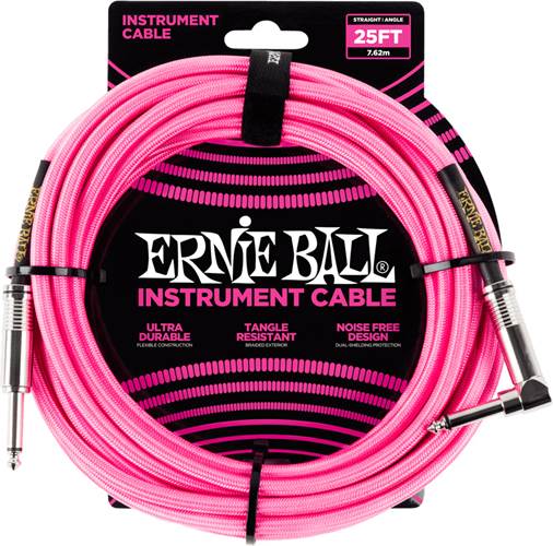 Ernie Ball 25Ft Straight-Angle Braided Neon Pink