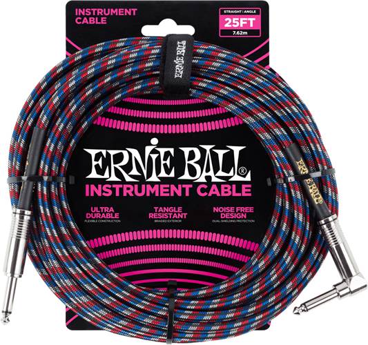 Ernie Ball 25Ft Straight-Angle Braided Blue-Red-White
