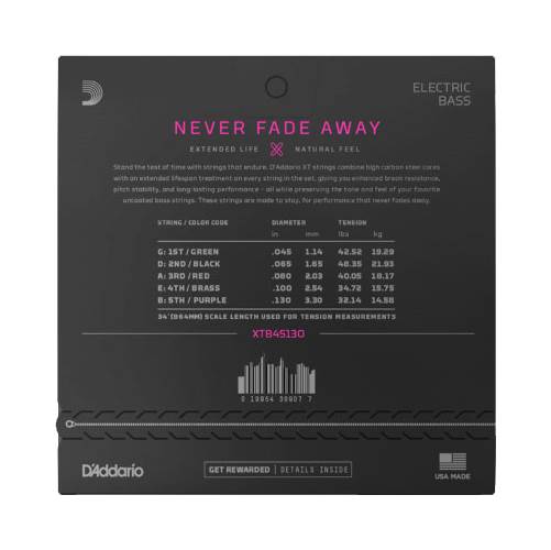 D'Addario XT Regular Light 5-String Long Scale Bass Nickel Plated Steel 45-130 D'Addario XT Regular Light 5-String Long Scale Bass Nickel Plated Steel 45-130