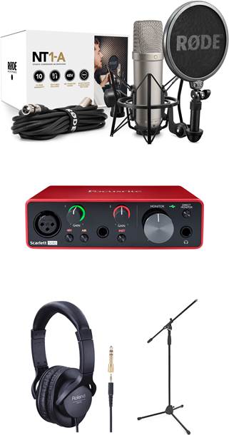 Rode NT1-A Vocal Recording Pack with Mic Stand, Headphones, and Focusrite  Scarlet Solo 3rd Gen