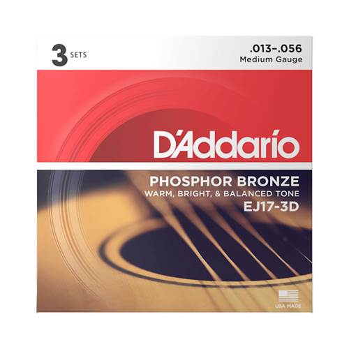 D'Addario EJ17-3D Phosphor Bronze Medium Acoustic Guitar Strings 3-Pack 13-56