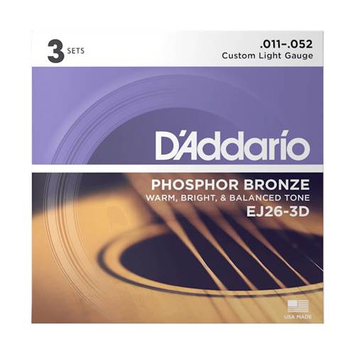 D'Addario EJ26-3D Custom Light Acoustic Guitar Strings 3-Pack 11-52