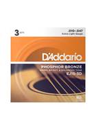 D'Addario EJ15-3D Phosphor Bronze Extra Light Acoustic Guitar Strings 3-Pack 10-47