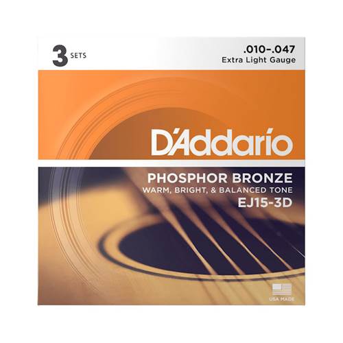 D'Addario EJ15-3D Phosphor Bronze Extra Light Acoustic Guitar Strings 3-Pack 10-47