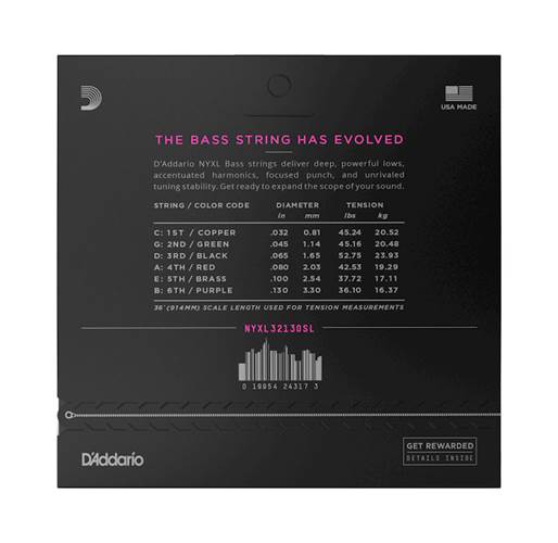 D'Addario NYXL32130SL, Bass Set Super Long Scale, Regular Light, 6-String, 32-130 D'Addario NYXL32130SL, Bass Set Super Long Scale, Regular Light, 6-String, 32-130