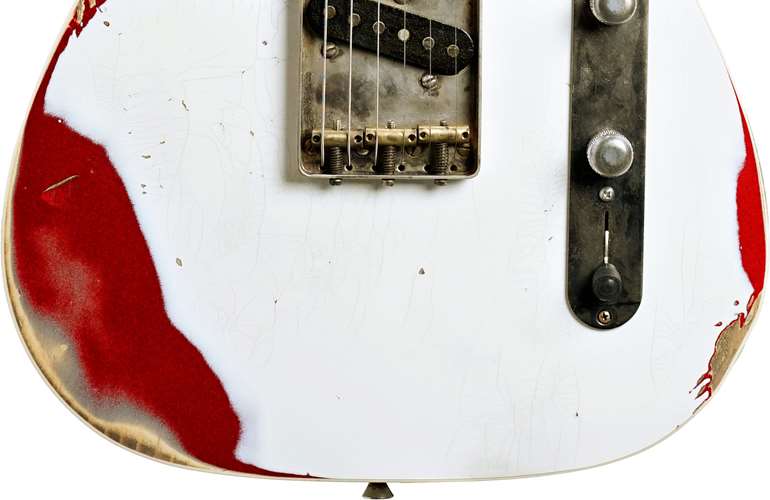 LSL Instruments Bad Bone 1 Vintage White over Candy Apple Red Pine Body with Binding and Roasted Flame Maple Fingerboard LSL Instruments Bad Bone 1 Vintage White over Candy Apple Red Pine Body with Binding and Roasted Flame Maple Fingerboard