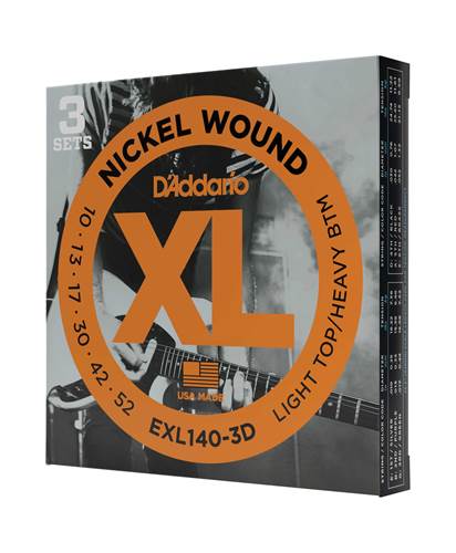 D'Addario EXL140-3D Nickel Wound Electric Guitar Strings, Light Top/Heavy Bottom, 10-52, 3 Sets
