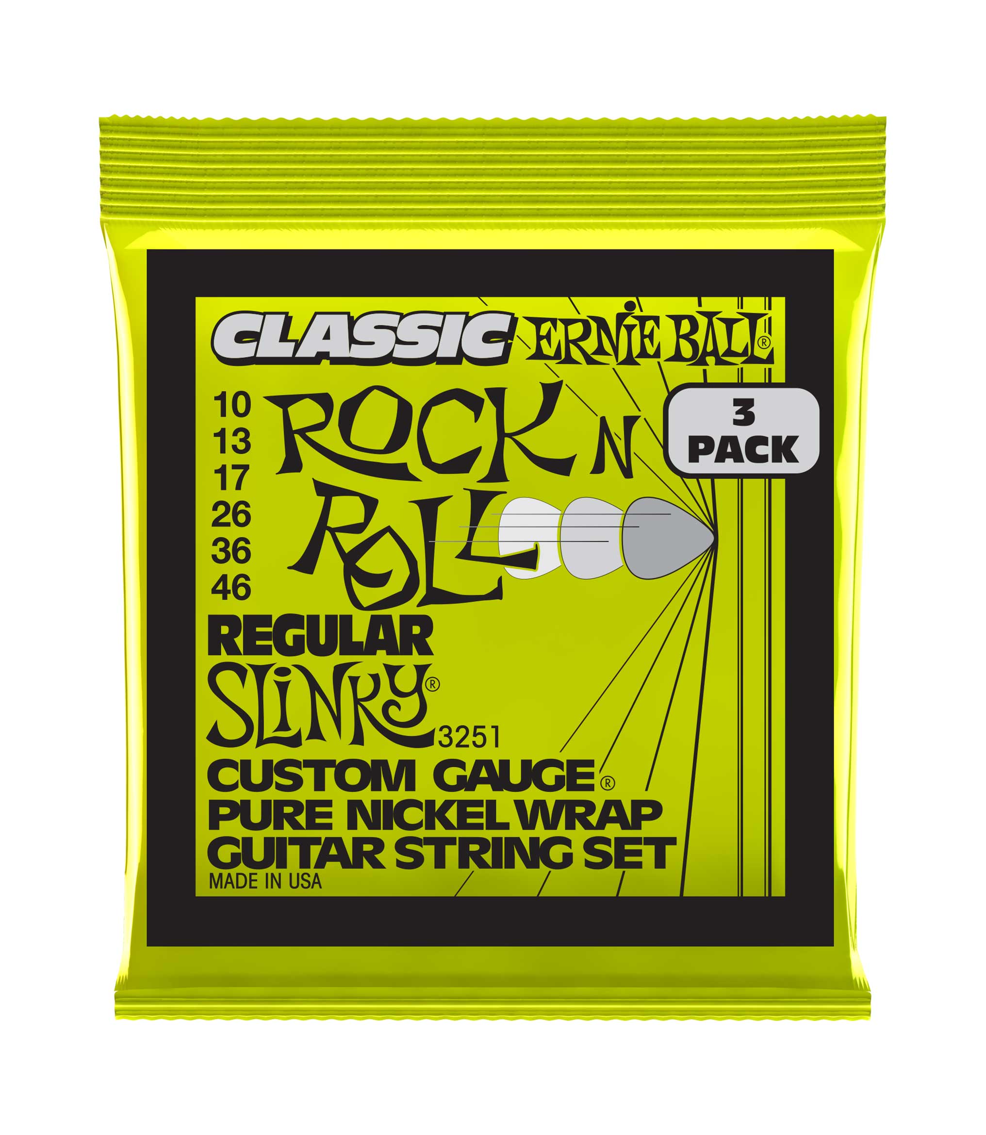 Ernie Ball Regular Slinky Classic Rock N Roll Pure Nickel Wrap 10-46 3 Set Pack