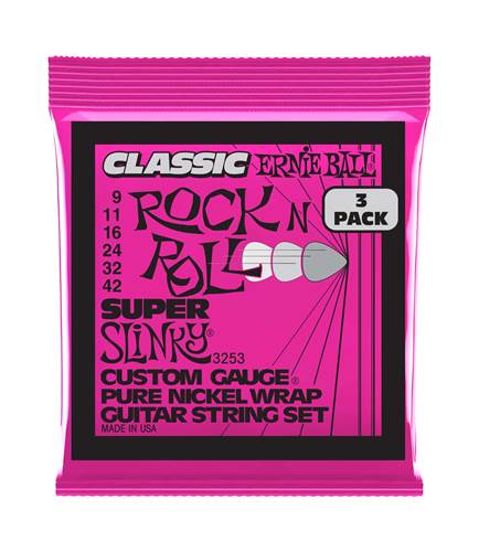 Ernie Ball Super Slinky Classic Rock N Roll Pure Nickel Wrap 9-42 3 Set Pack