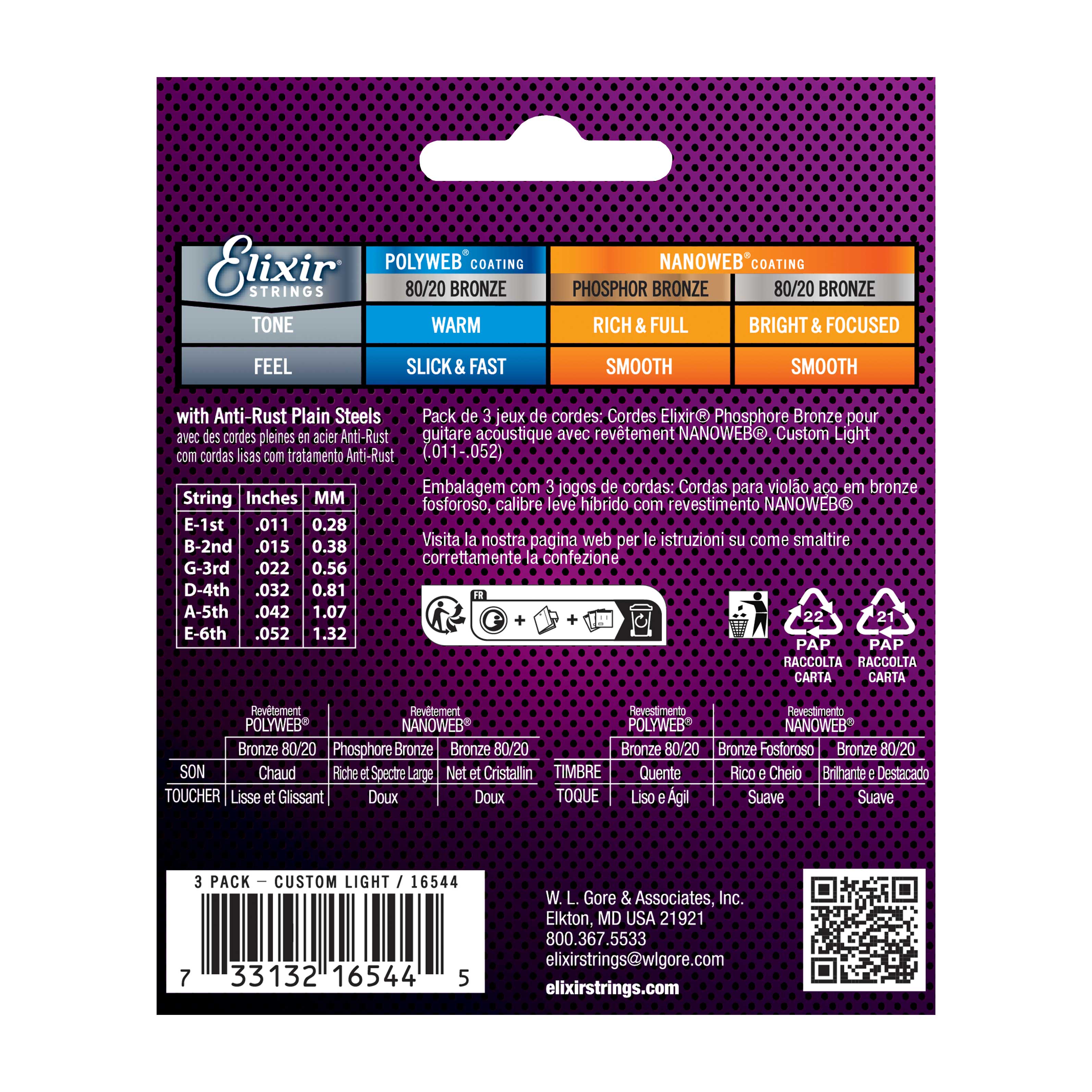 Elixir 3 Pack Acoustic Nanoweb Phosphor Bronze Custom Light (11-52)