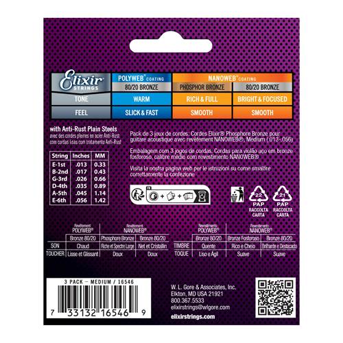 Elixir 3 Pack Acoustic Nanoweb Phosphor Bronze Medium (13-56) Elixir 3 Pack Acoustic Nanoweb Phosphor Bronze Medium (13-56)