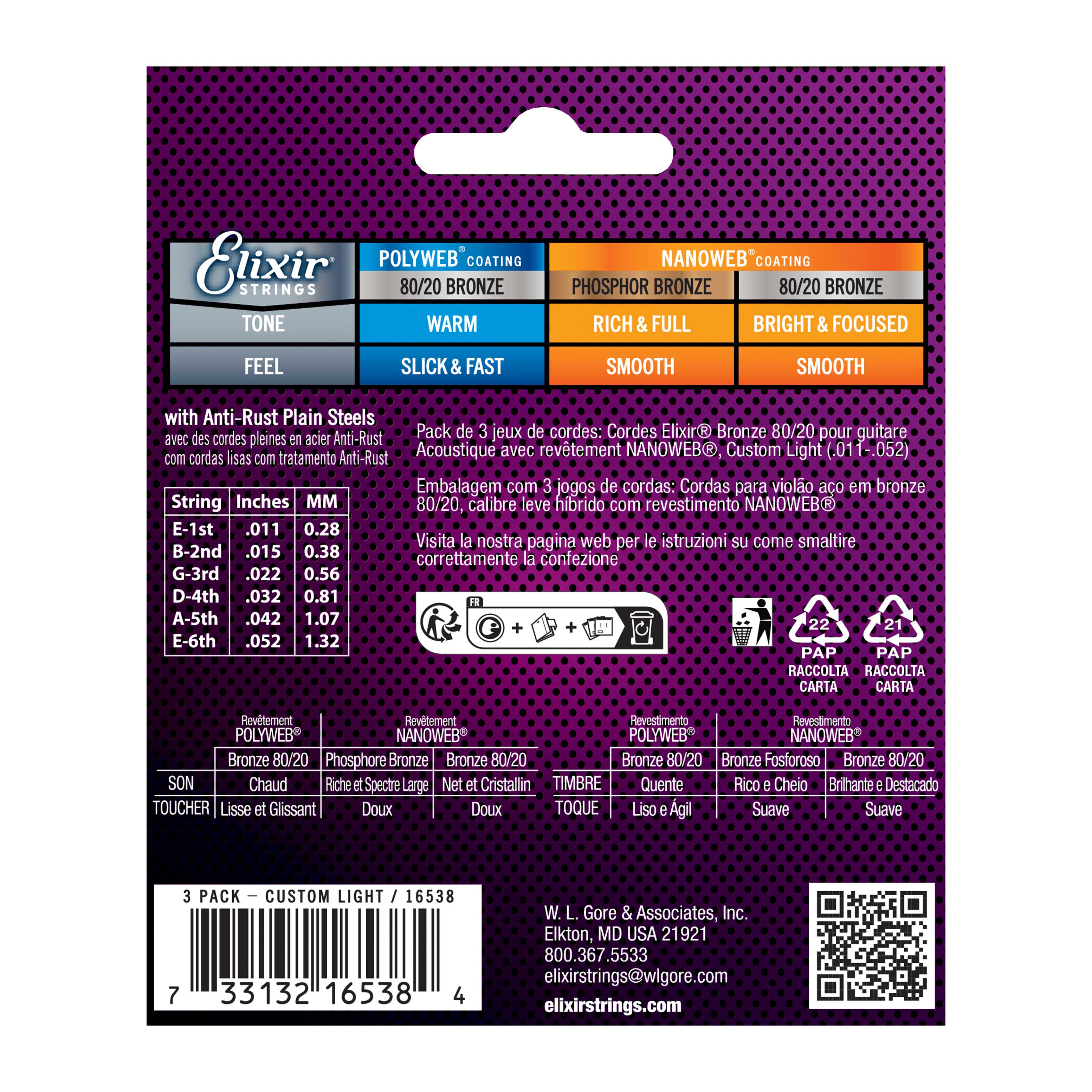 Elixir 3 Pack Acoustic Nanoweb 80/20 Bronze Custom Light (11-52)