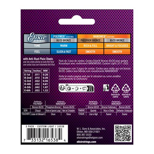 Elixir 3 Pack Acoustic Nanoweb 80/20 Bronze Custom Light (11-52) Elixir 3 Pack Acoustic Nanoweb 80/20 Bronze Custom Light (11-52)