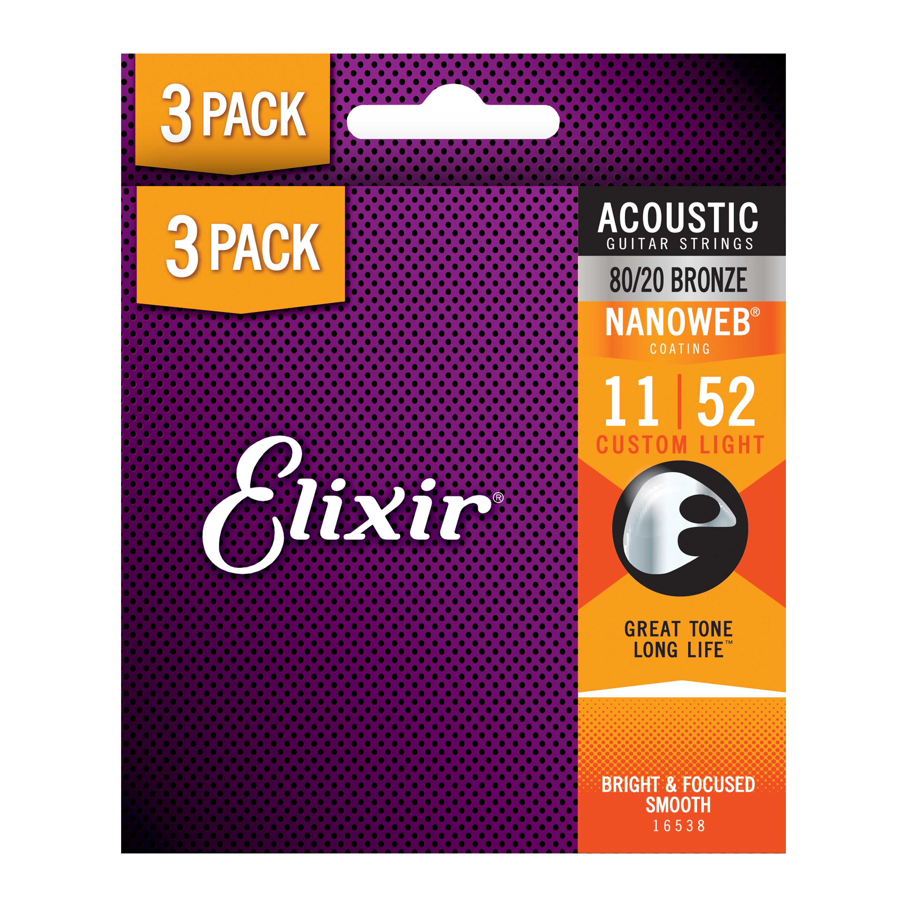 Elixir 3 Pack Acoustic Nanoweb 80 20 Bronze Custom Light 11 52