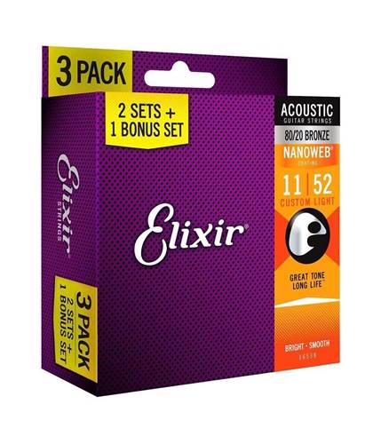 Elixir 3 Pack Acoustic Nanoweb 80/20 Bronze Custom Light (11-52)