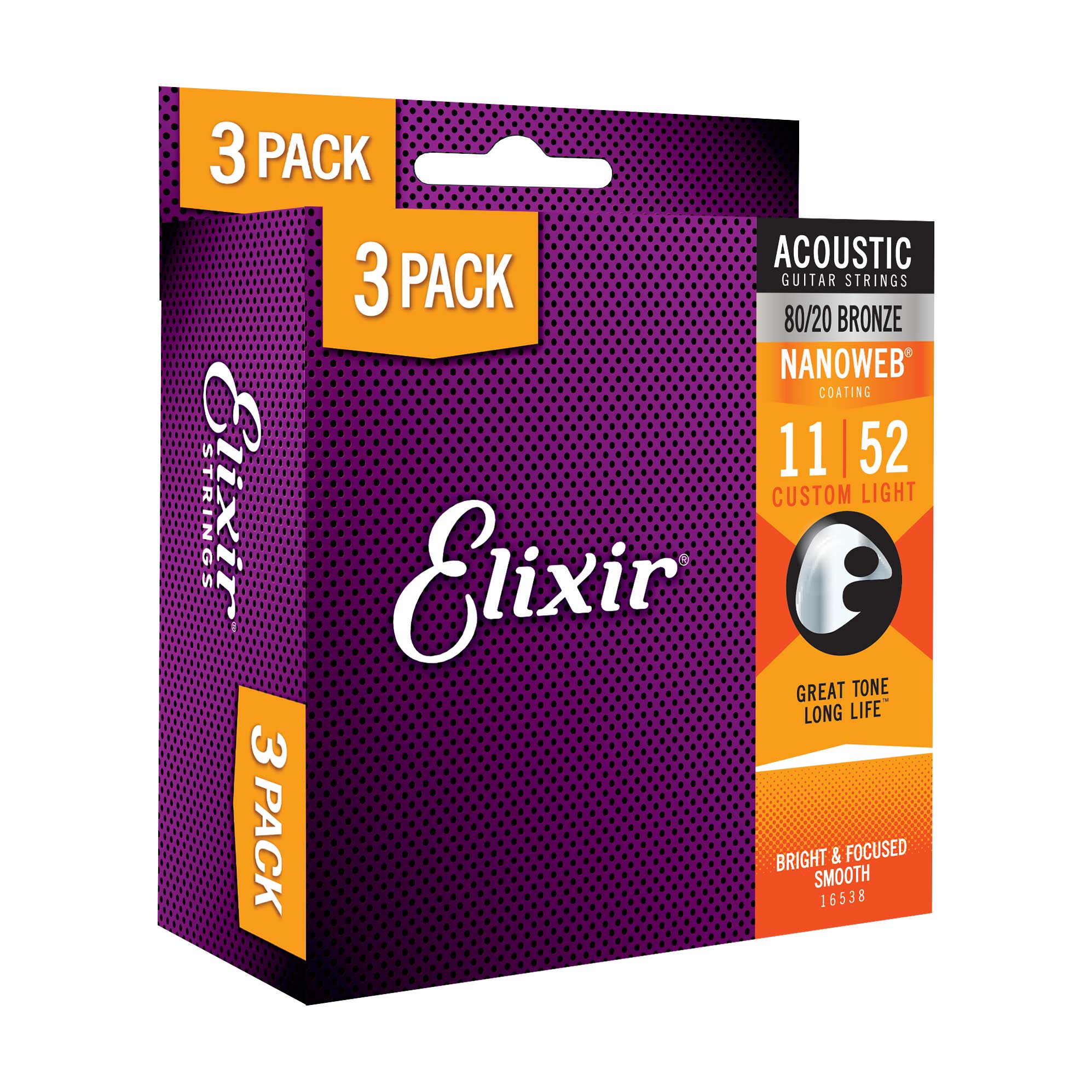 Elixir 3 Pack Acoustic Nanoweb 80/20 Bronze Custom Light (11-52)