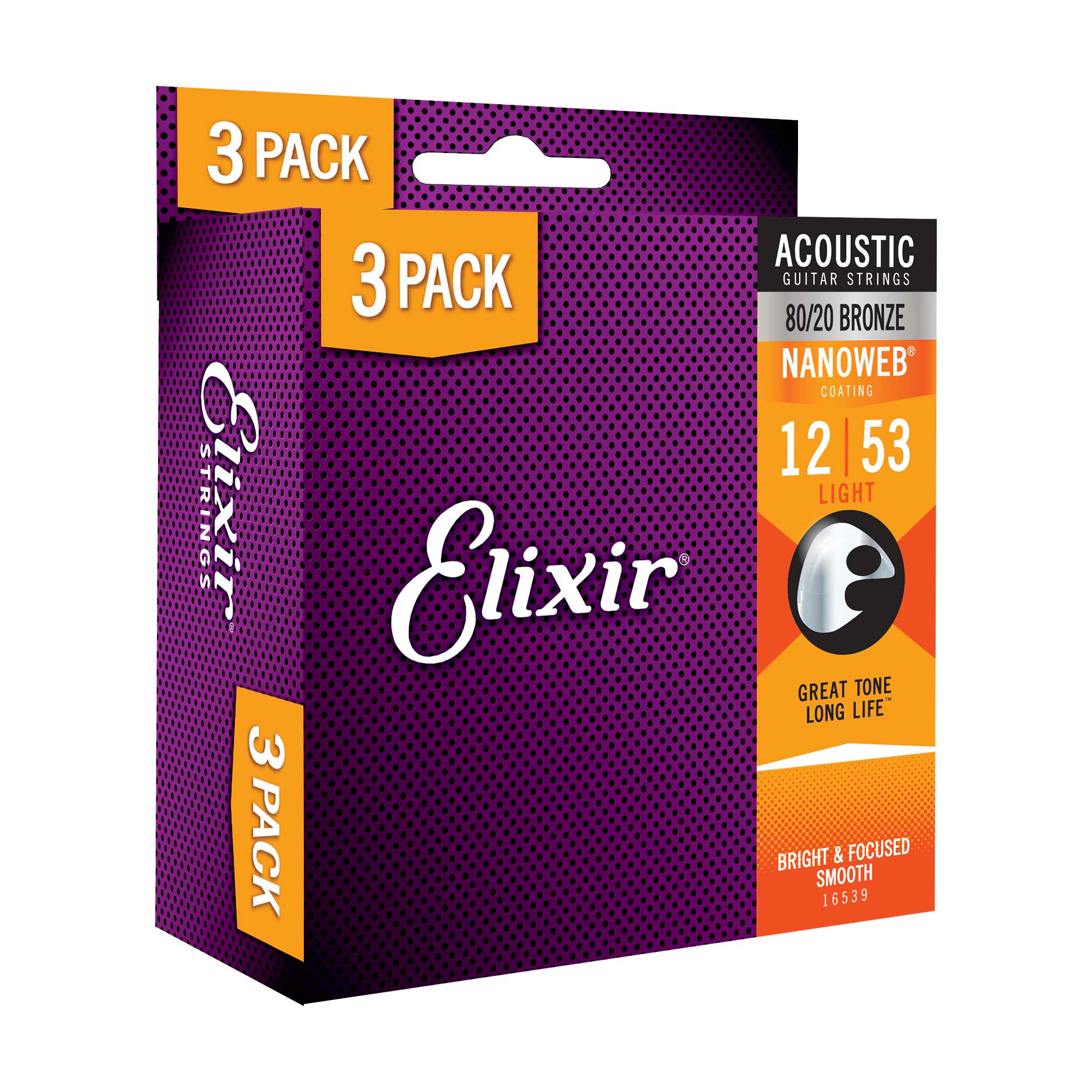 Elixir 3 Pack Acoustic Nanoweb 80/20 Bronze Light (12-53)