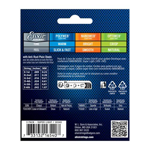 Elixir 3 Pack Electric Nanoweb Nickel Super Light (9-42) Elixir 3 Pack Electric Nanoweb Nickel Super Light (9-42)