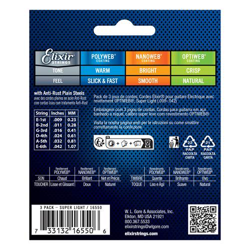 Elixir 3 Pack Electric Optiweb Nickel Super Light (9-42) Elixir 3 Pack Electric Optiweb Nickel Super Light (9-42)