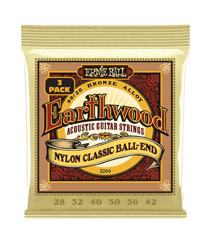 Ernie Ball Earthwood Folk Nylon Clear and Gold Ball End 80/20 Bronze Acoustic Guitar Strings 28-42 (3 Set Pack)