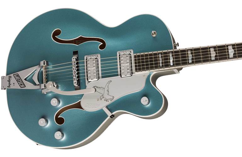 Gretsch G6136T-140 Limited Edition 140th Double Platinum Falcon with String-Thru Bigsby Ebony Fingerboard Two-Tone Stone Platinum/Pure Platinum Gretsch G6136T-140 Limited Edition 140th Double Platinum Falcon with String-Thru Bigsby Ebony Fingerboard Two-Tone Stone Platinum/Pure Platinum