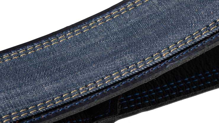 Taylor Blue Denim Strap Navy Leather Edges 2.5 Inch Embossed Logo