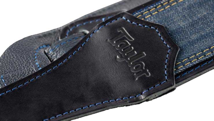 Taylor Blue Denim Strap Navy Leather Edges 2.5 Inch Embossed Logo