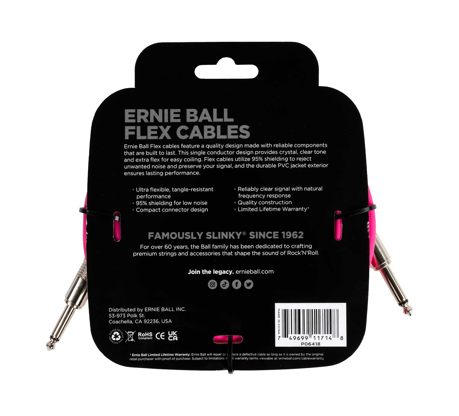 Ernie Ball Flex Instrument Cable Straight/Straight 20ft Pink