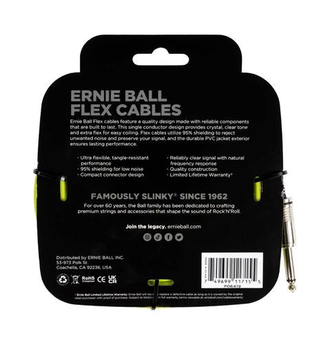 Ernie Ball Flex Instrument Cable Straight/Straight 20ft Green Ernie Ball Flex Instrument Cable Straight/Straight 20ft Green