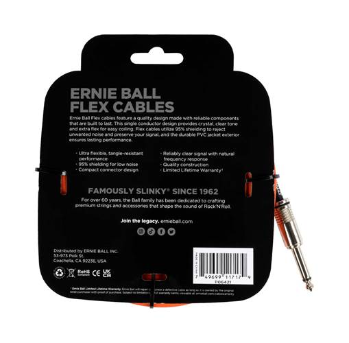 Ernie Ball Flex Instrument Cable Straight/Straight 20ft Orange Ernie Ball Flex Instrument Cable Straight/Straight 20ft Orange