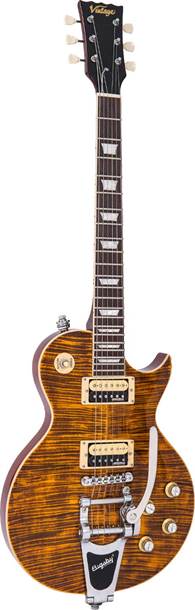 Vintage V100AMB V100 Guitar Amber Flamed Maple With Bigsby