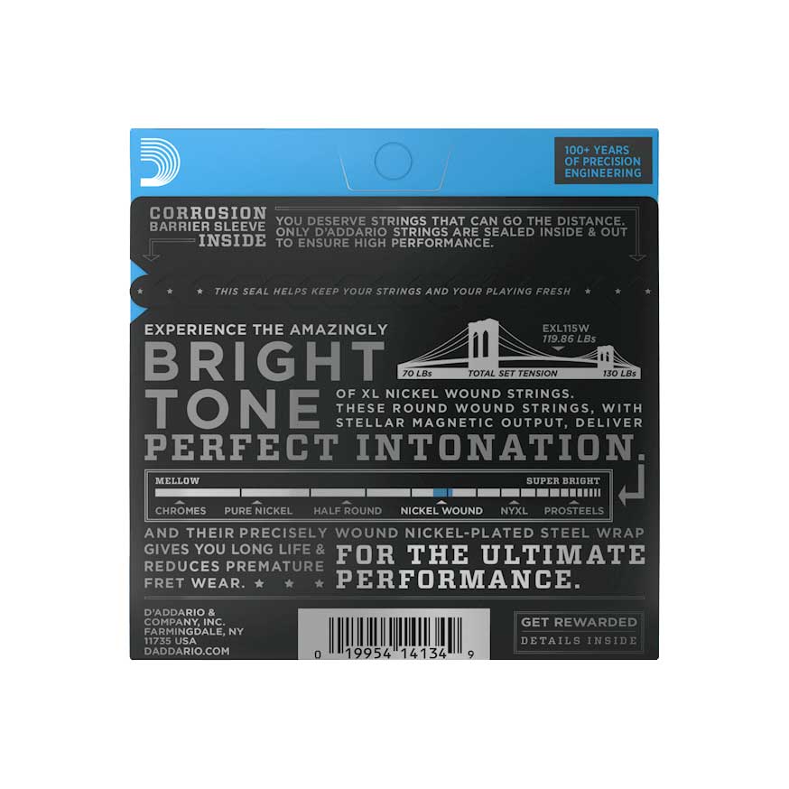 D'Addario EXL115W 11-49 Medium Wound Third XL Nickel Electric Guitar Strings