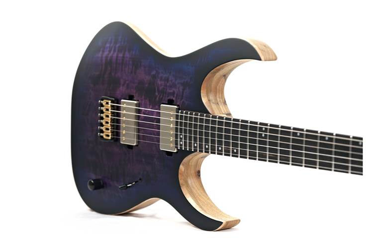Mayones Duvell Elite 6 4A Curly Poplar Trans Dirty Purple Blue Burst #DF2411881 Mayones Duvell Elite 6 4A Curly Poplar Trans Dirty Purple Blue Burst #DF2411881