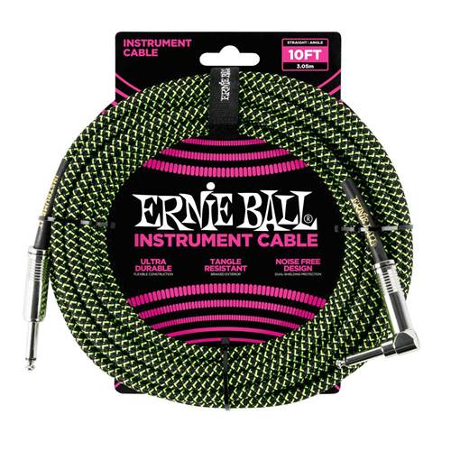 Ernie Ball 10 Foot Straight/Angled Black Green Braided Cable Ernie Ball 10 Foot Straight/Angled Black Green Braided Cable