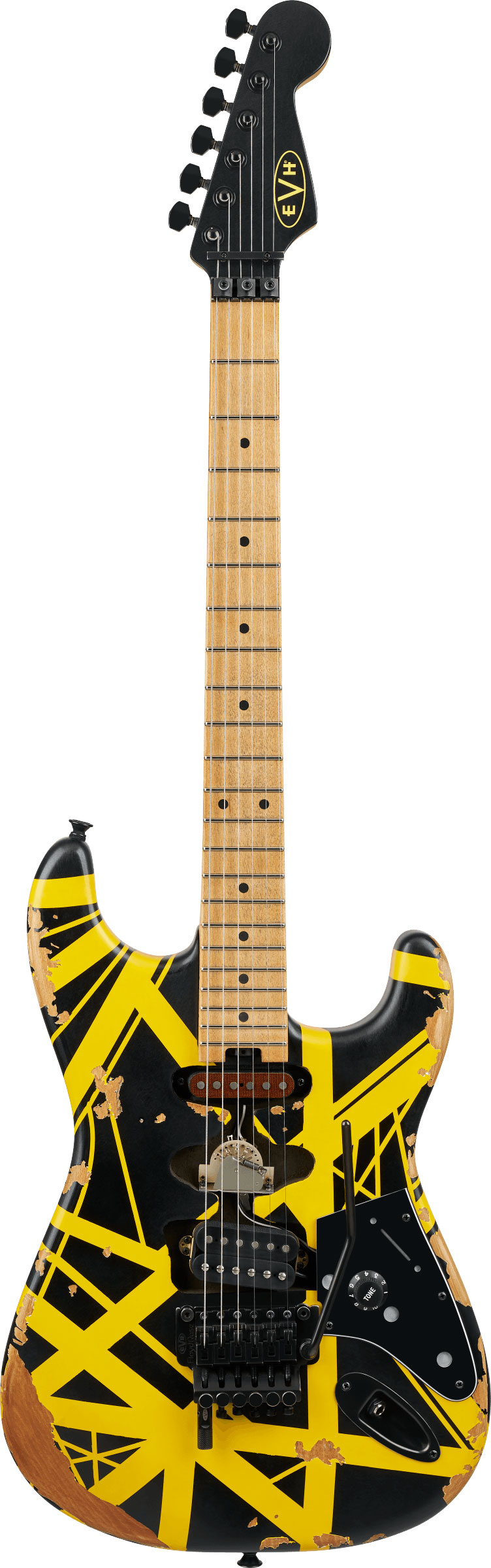 EVH Limited Edition Striped Series Frankenstein Frankie Maple Fingerboard Black with Yellow Stripes Aged