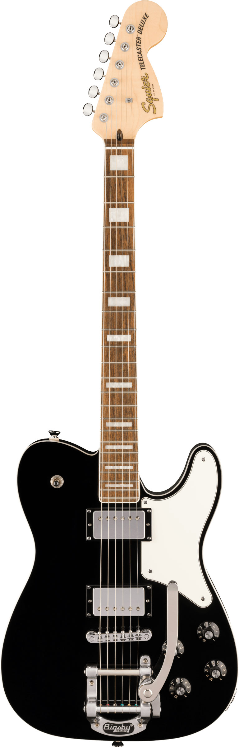 Squier Paranormal Troublemaker Telecaster Deluxe Bigsby Parchment Pickguard Black Indian Laurel Fingerboard