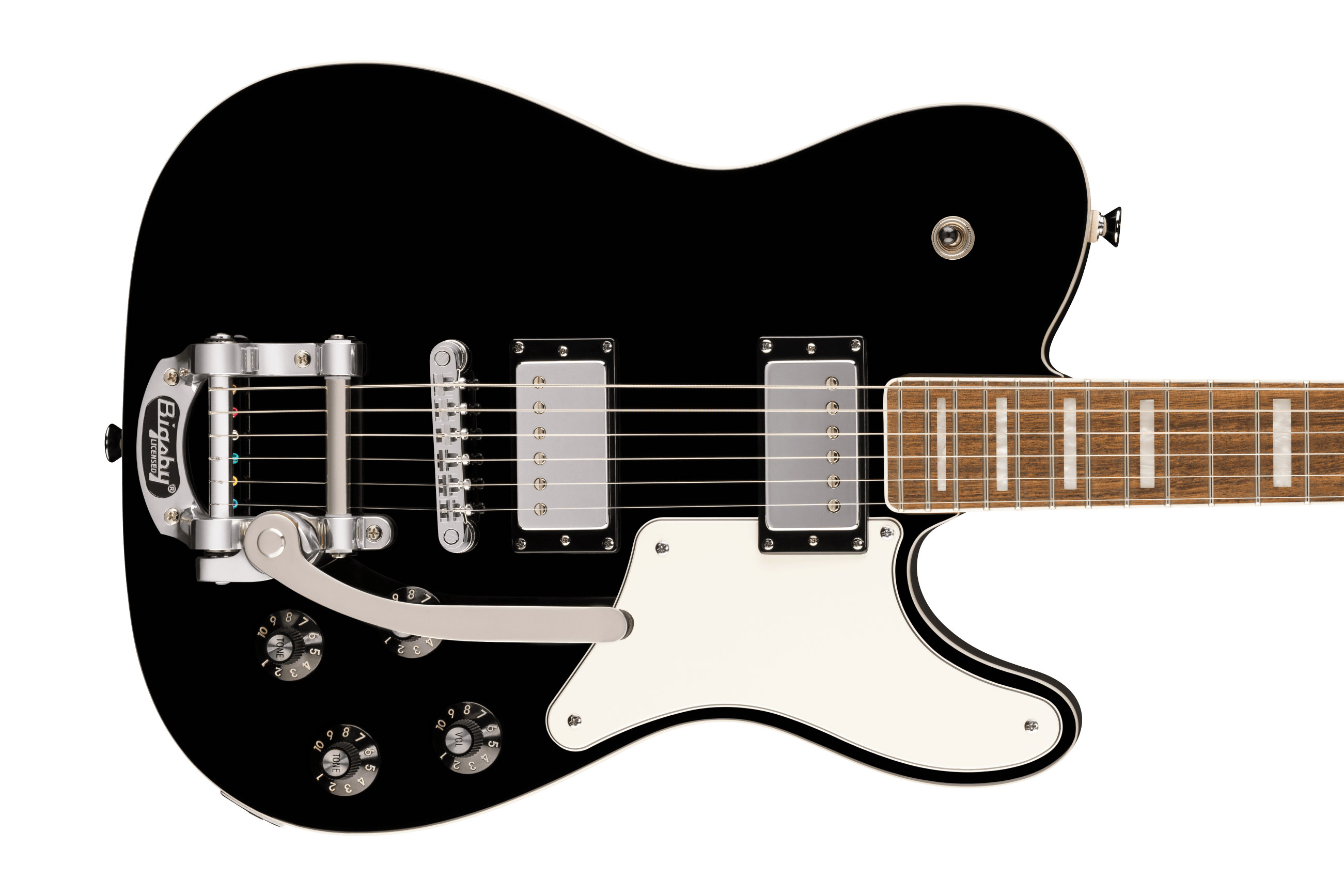 Squier Paranormal Troublemaker Telecaster Deluxe Bigsby Parchment Pickguard Black Indian Laurel Fingerboard