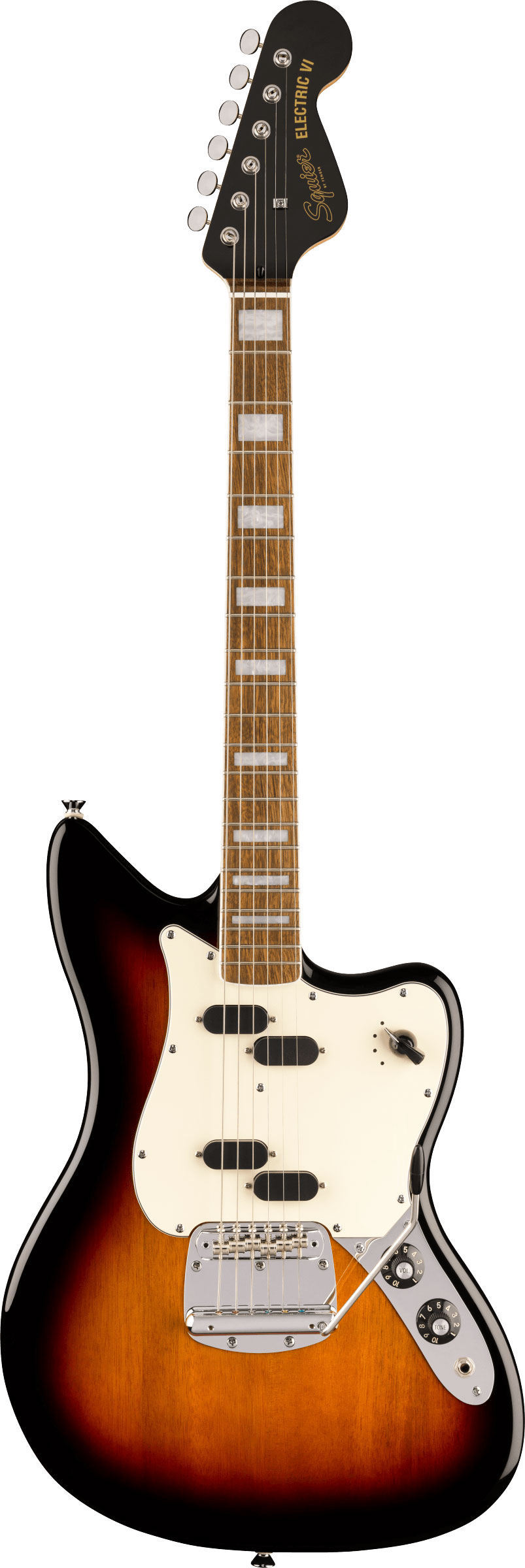 Squier Paranormal Electric VI Parchment Pickguard 3 Colour Sunburst Indian Laurel Fingerboard
