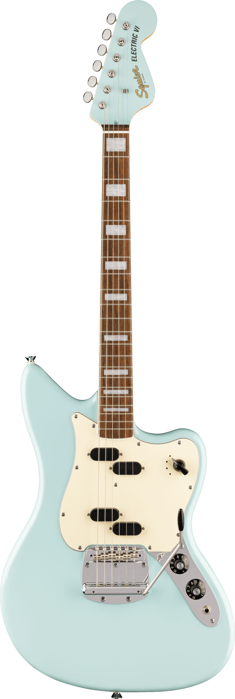 Squier Paranormal Electric VI Parchment Pickguard Matching Headstock Daphne Blue Indian Laurel Fingerboard