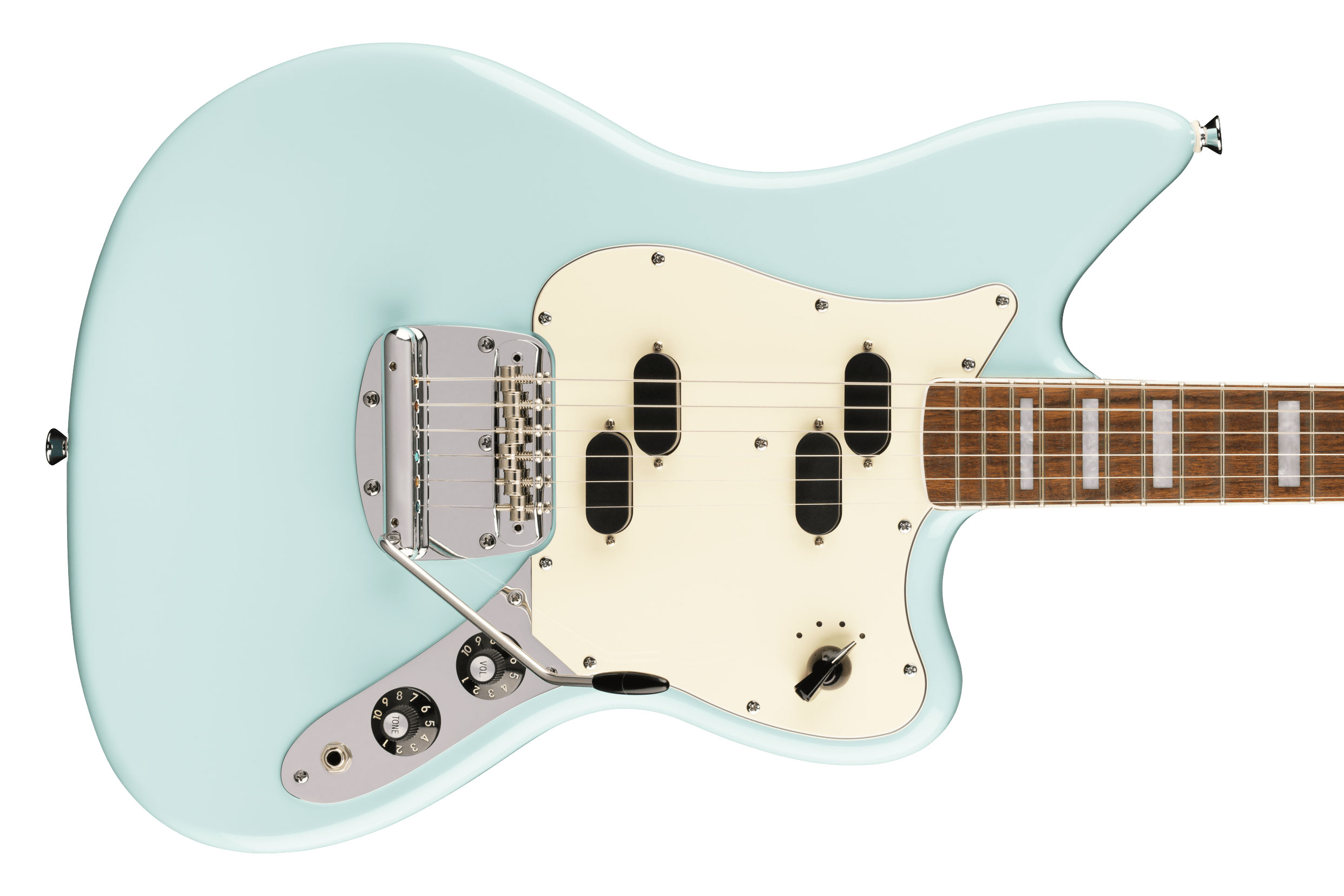 Squier Paranormal Electric VI Parchment Pickguard Matching Headstock Daphne Blue Indian Laurel Fingerboard