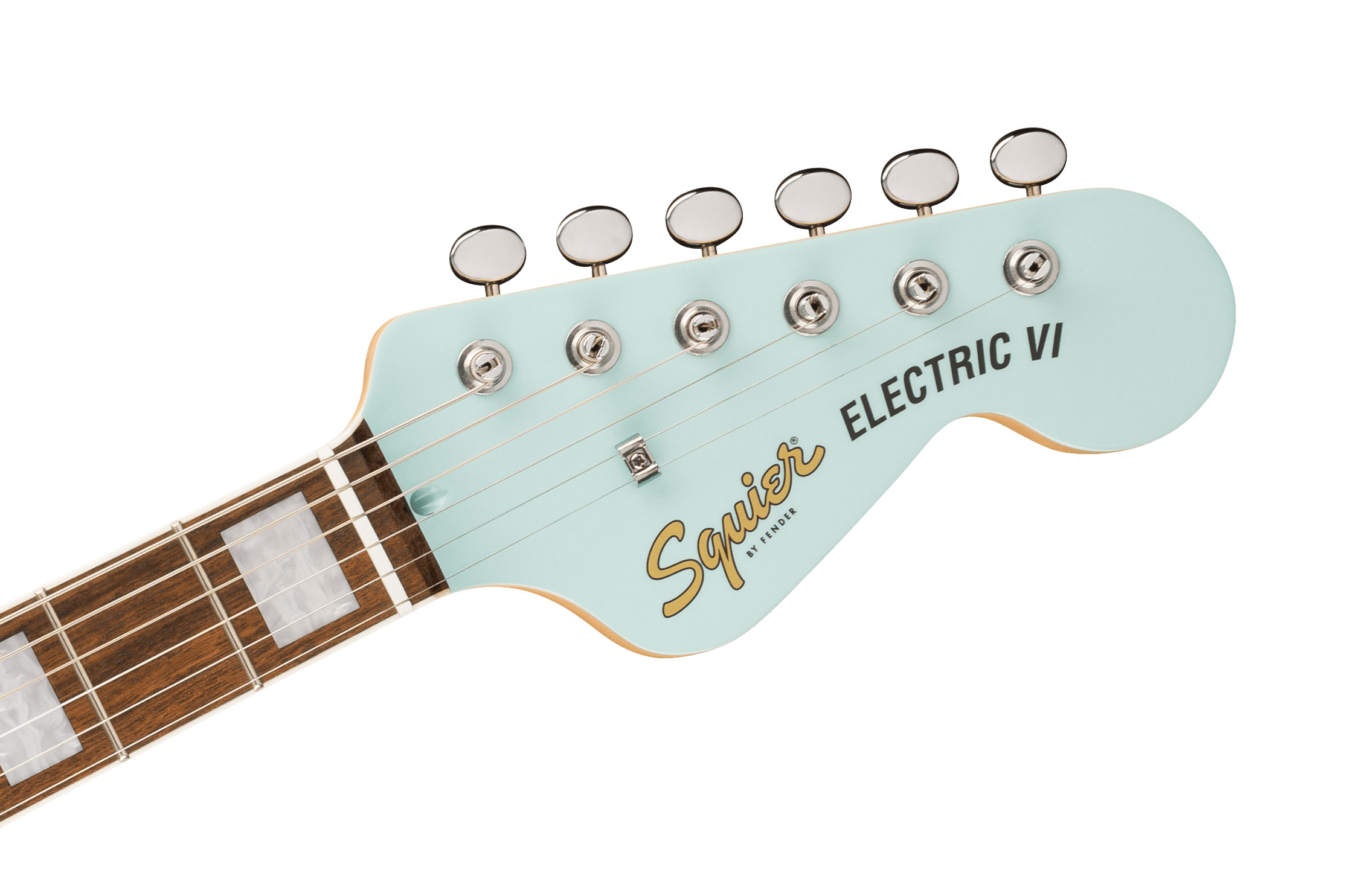 Squier Paranormal Electric VI Parchment Pickguard Matching Headstock Daphne Blue Indian Laurel Fingerboard