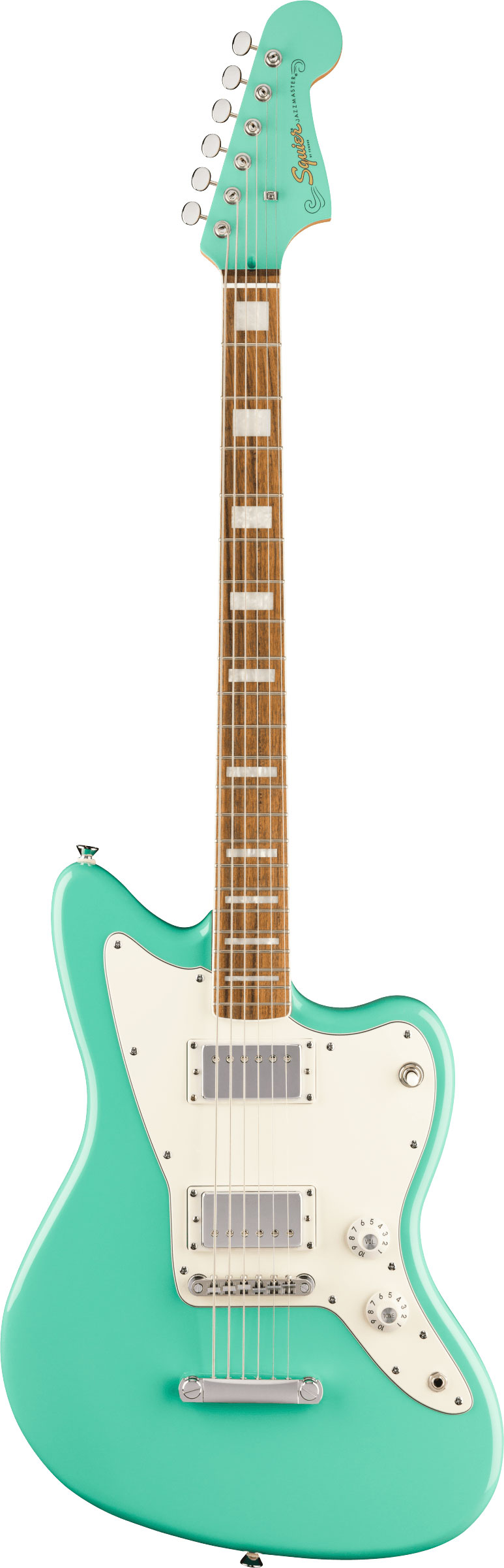 Squier Paranormal Baritone Jazzmaster HH Parchment Pickguard Sea Foam Green Indian Laurel Fingerboard